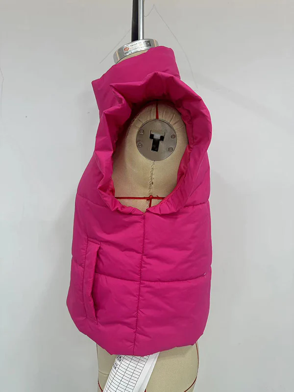 Flared Sleeves Pleated Solid Color Split-Joint High Neck Padded Vest - Image 10
