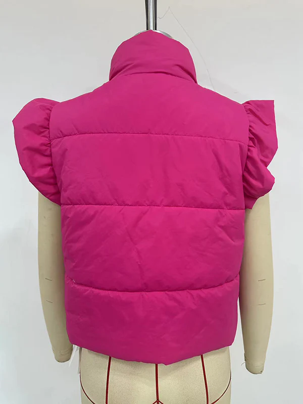 Flared Sleeves Pleated Solid Color Split-Joint High Neck Padded Vest - Image 11