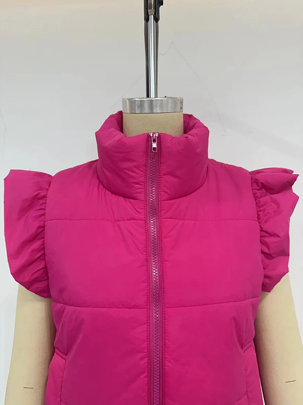 Flared Sleeves Pleated Solid Color Split-Joint High Neck Padded Vest - Image 12