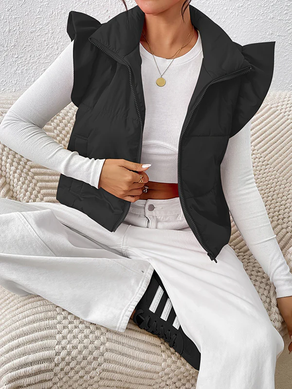 Flared Sleeves Pleated Solid Color Split-Joint High Neck Padded Vest - Image 2