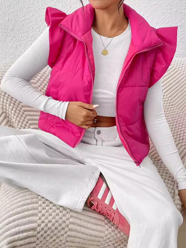 Flared Sleeves Pleated Solid Color Split-Joint High Neck Padded Vest - Image 4