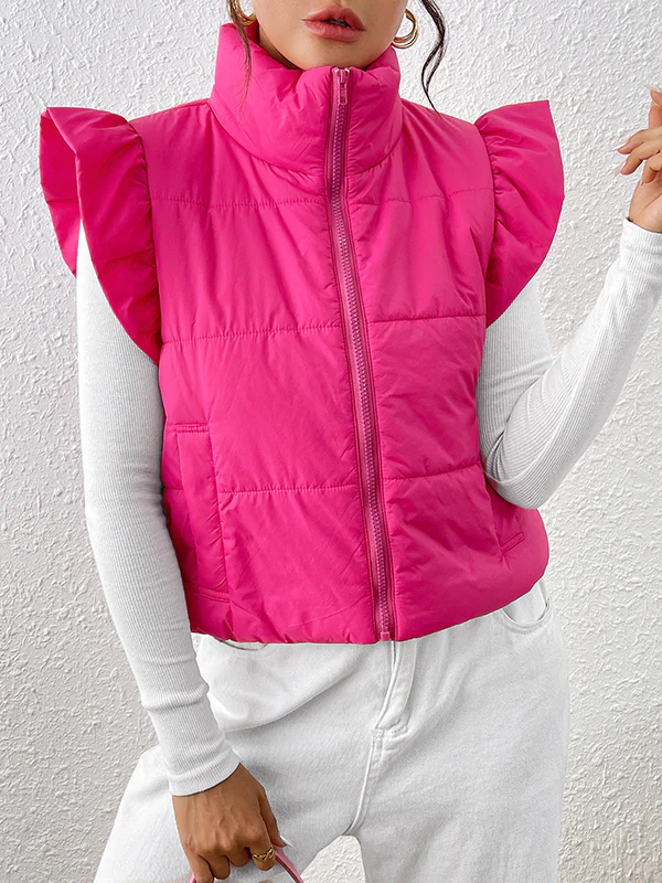 Flared Sleeves Pleated Solid Color Split-Joint High Neck Padded Vest - Image 5