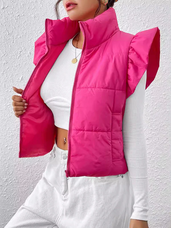 Flared Sleeves Pleated Solid Color Split-Joint High Neck Padded Vest - Image 6