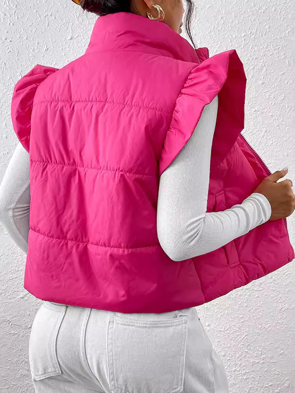 Flared Sleeves Pleated Solid Color Split-Joint High Neck Padded Vest - Image 7