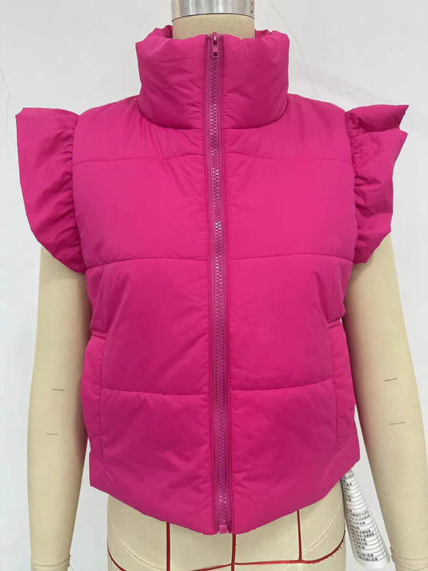 Flared Sleeves Pleated Solid Color Split-Joint High Neck Padded Vest - Image 8