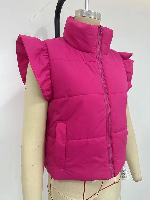 Flared Sleeves Pleated Solid Color Split-Joint High Neck Padded Vest - Image 9