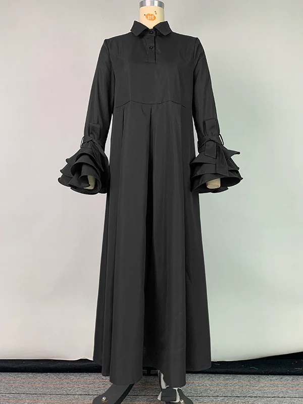 Flared Sleeves Pleated Solid Color Split-Joint Lapel Maxi Dresses Shirt Dress - Image 13