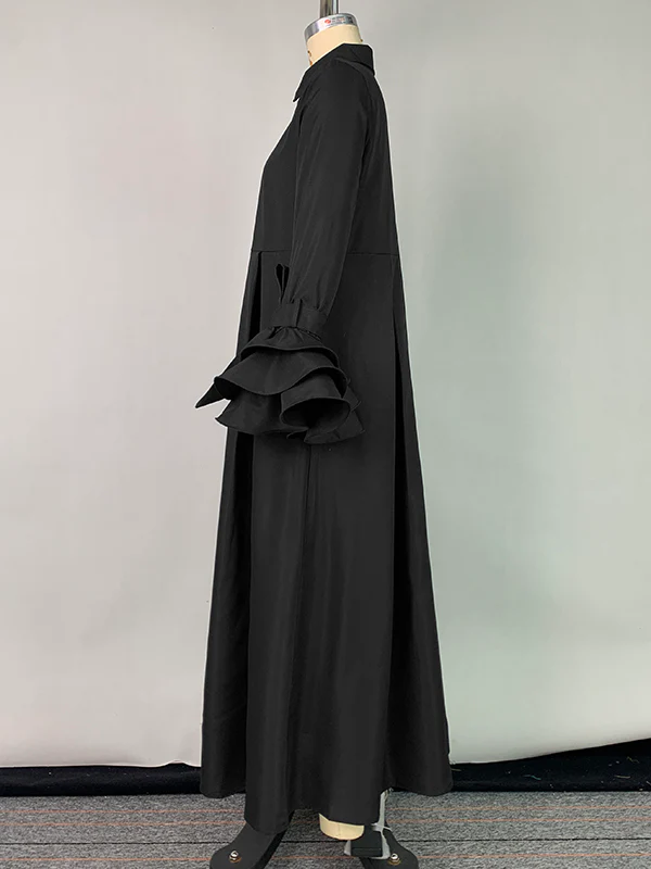 Flared Sleeves Pleated Solid Color Split-Joint Lapel Maxi Dresses Shirt Dress - Image 14
