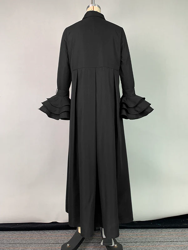 Flared Sleeves Pleated Solid Color Split-Joint Lapel Maxi Dresses Shirt Dress - Image 15