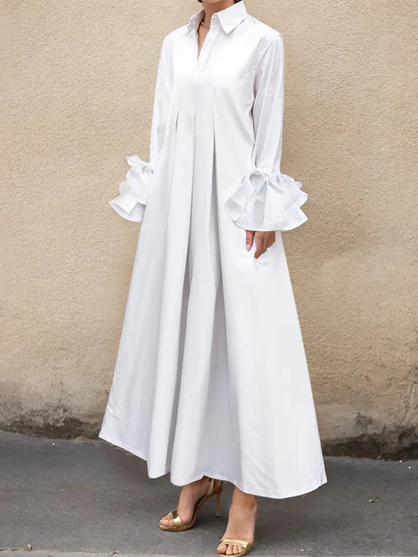 Flared Sleeves Pleated Solid Color Split-Joint Lapel Maxi Dresses Shirt Dress - Image 3