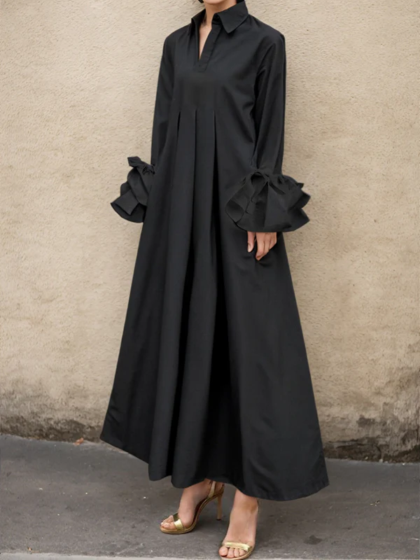 Flared Sleeves Pleated Solid Color Split-Joint Lapel Maxi Dresses Shirt Dress - Image 4