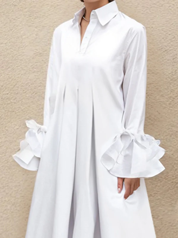 Flared Sleeves Pleated Solid Color Split-Joint Lapel Maxi Dresses Shirt Dress - Image 5