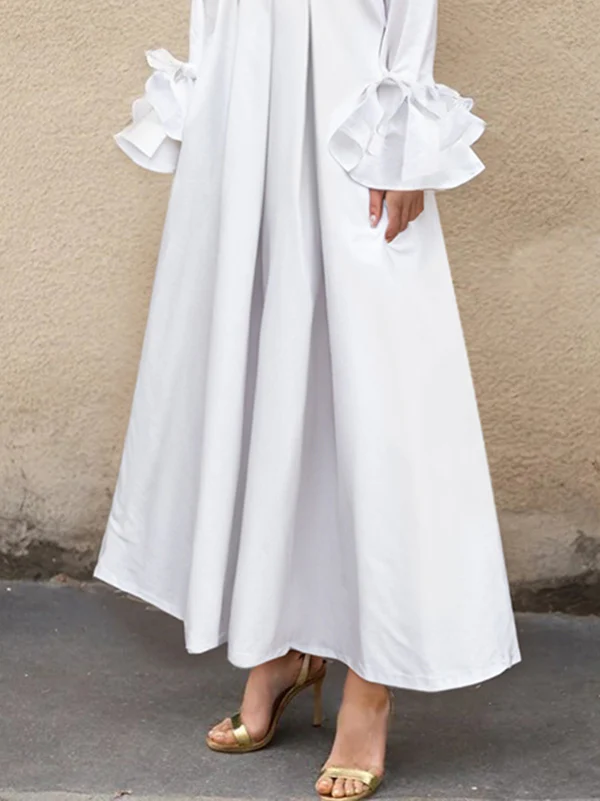 Flared Sleeves Pleated Solid Color Split-Joint Lapel Maxi Dresses Shirt Dress - Image 6