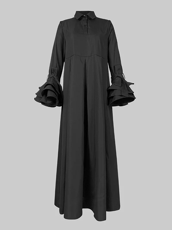 Flared Sleeves Pleated Solid Color Split-Joint Lapel Maxi Dresses Shirt Dress - Image 7