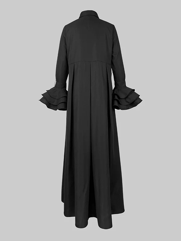 Flared Sleeves Pleated Solid Color Split-Joint Lapel Maxi Dresses Shirt Dress - Image 8