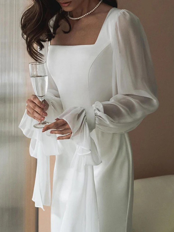 Flared Sleeves Skinny Gauze Pleated See-Through Solid Color Split-Joint Square-Neck Maxi Dresses - Image 4