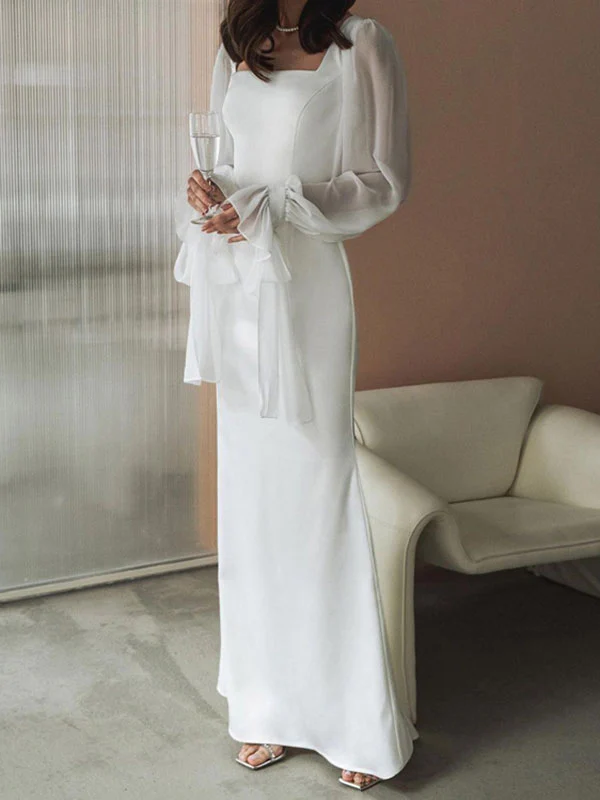 Flared Sleeves Skinny Gauze Pleated See-Through Solid Color Split-Joint Square-Neck Maxi Dresses - Image 5