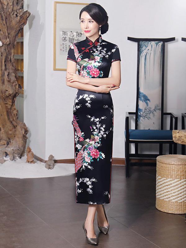 Floral Printed Split-Side Long Cheongsams - Image 3