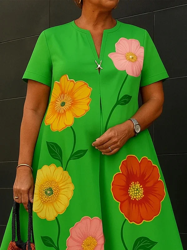 A-Line Loose Flower Print V-Neck Midi Dresses - Image 2
