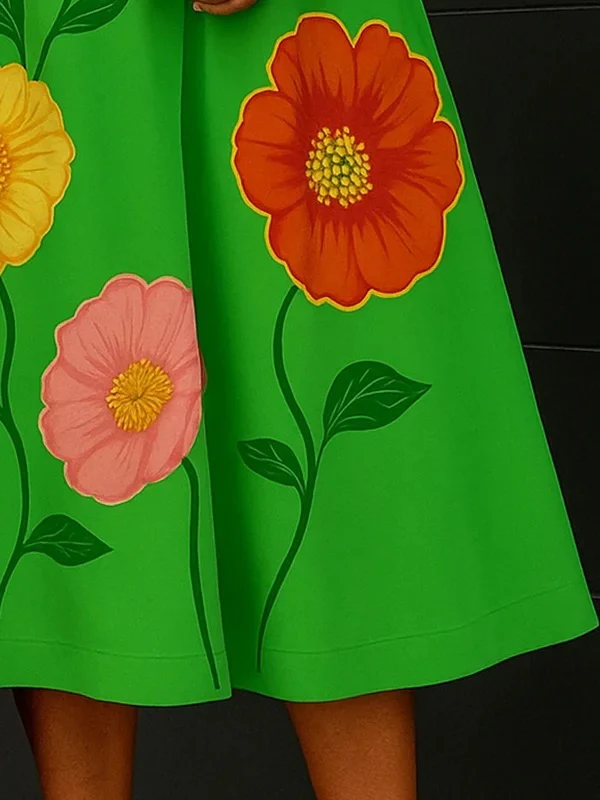 A-Line Loose Flower Print V-Neck Midi Dresses - Image 3