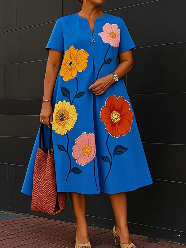 A-Line Loose Flower Print V-Neck Midi Dresses - Image 4