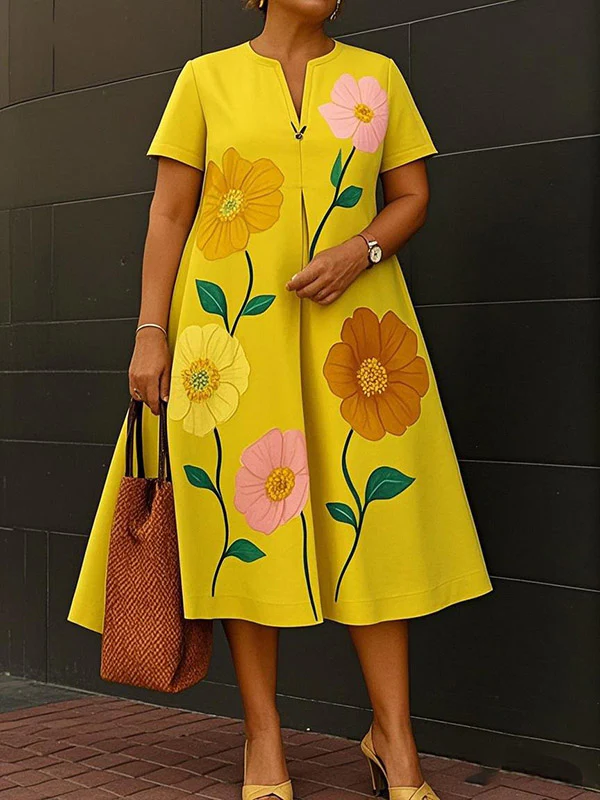 A-Line Loose Flower Print V-Neck Midi Dresses - Image 5