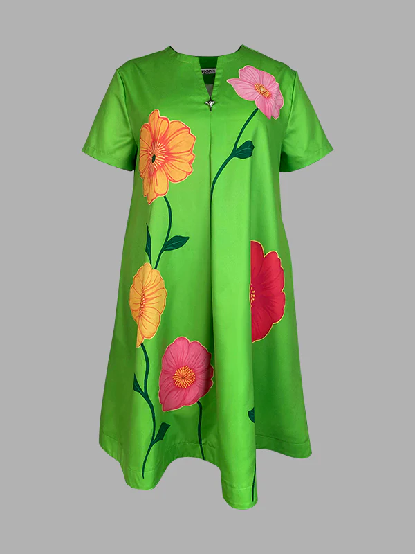 A-Line Loose Flower Print V-Neck Midi Dresses - Image 6