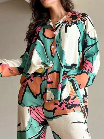 Flower Print Buttoned Lapel Blouses Top + High Waisted Wide Leg Pants Bottom Two Pieces Set - Image 2