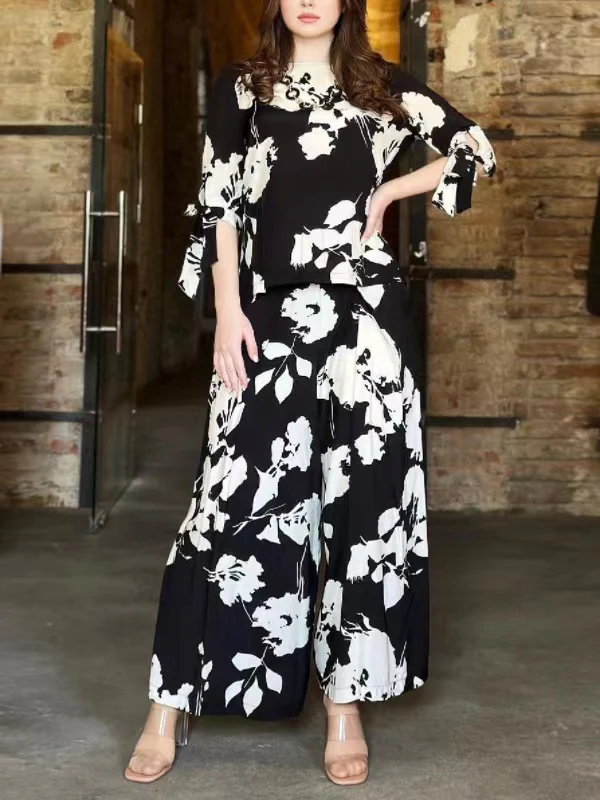 Flower Print Round-Neck Tied T-Shirt&Wide Leg Pants Two Pieces Set - Image 2