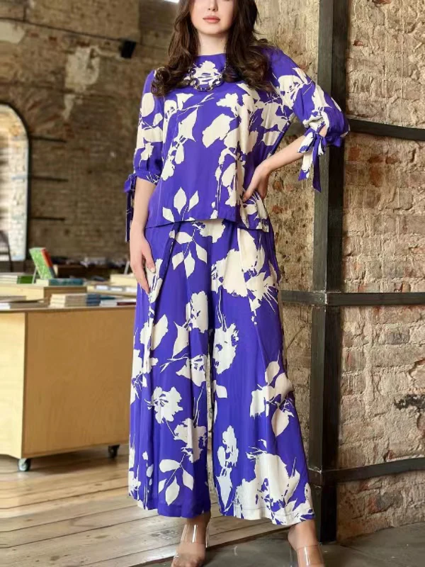 Flower Print Round-Neck Tied T-Shirt&Wide Leg Pants Two Pieces Set - Image 3