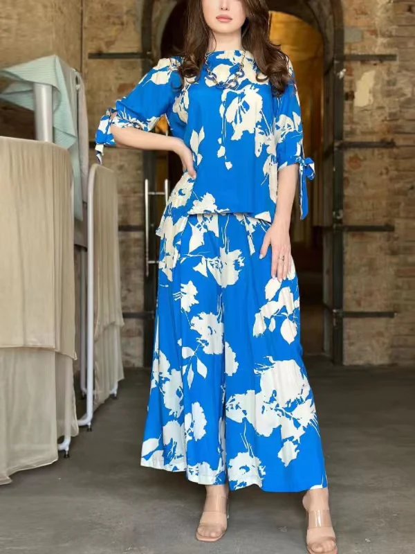 Flower Print Round-Neck Tied T-Shirt&Wide Leg Pants Two Pieces Set - Image 4