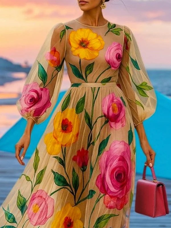 Loose Puff Sleeves Flower Print See-Through Round-Neck Midi Dresses - Image 2