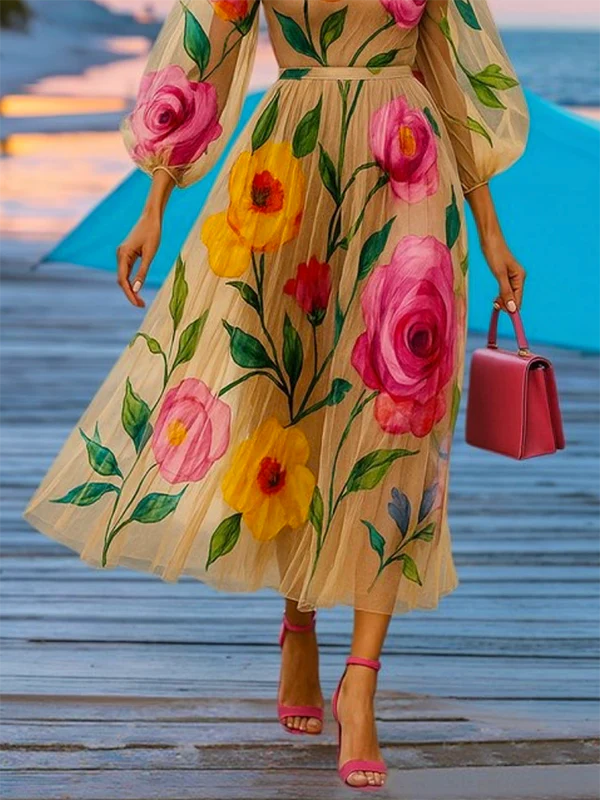 Loose Puff Sleeves Flower Print See-Through Round-Neck Midi Dresses - Image 3