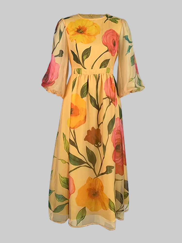 Loose Puff Sleeves Flower Print See-Through Round-Neck Midi Dresses - Image 4