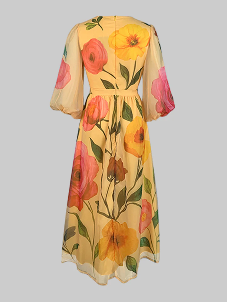 Loose Puff Sleeves Flower Print See-Through Round-Neck Midi Dresses - Image 5