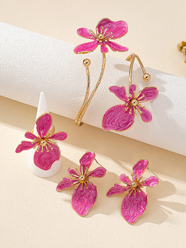 Flower Shape Bracelet + Earrings + Rings Accessories Three Pieces - Image 5