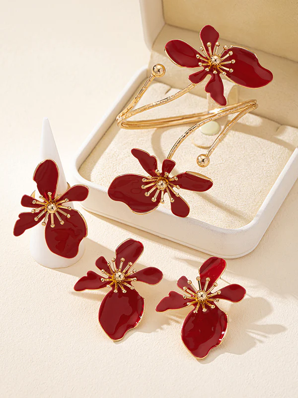 Flower Shape Bracelet + Earrings + Rings Accessories Three Pieces - Image 8