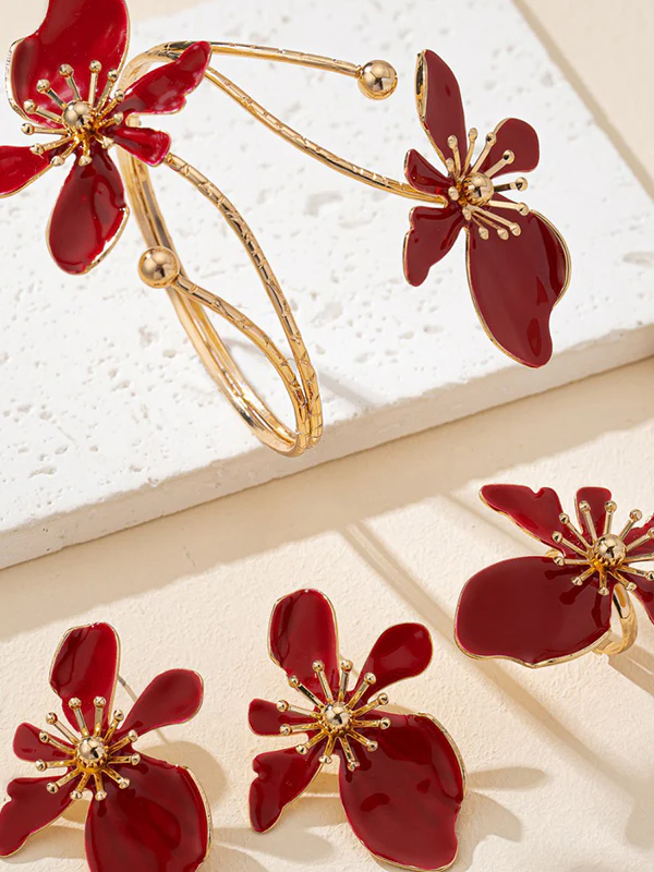 Flower Shape Bracelet + Earrings + Rings Accessories Three Pieces - Image 9