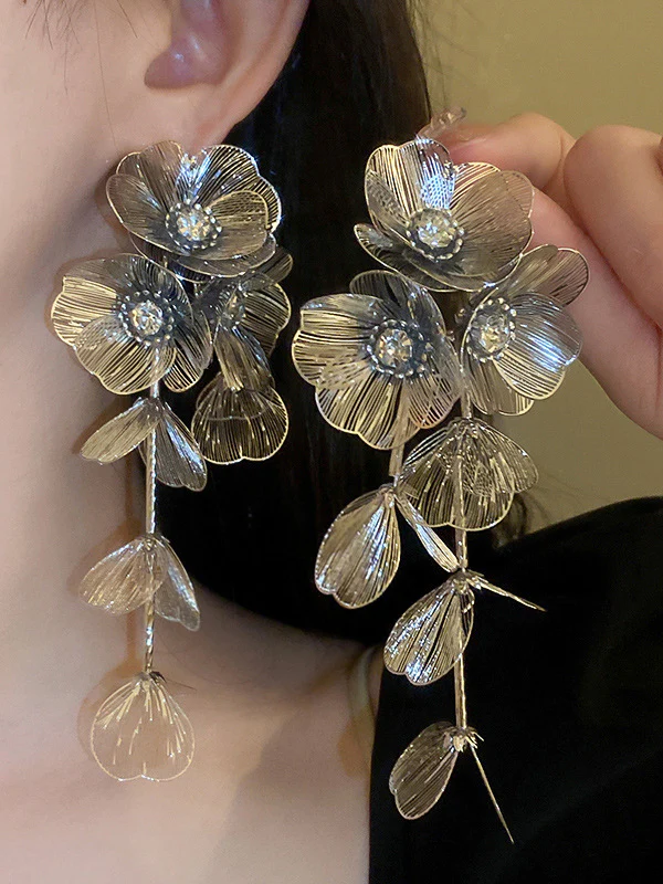 Flower Shape Geometric Rhine Stones Drop Earrings - Image 2