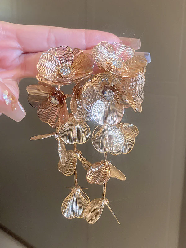 Flower Shape Geometric Rhine Stones Drop Earrings - Image 3