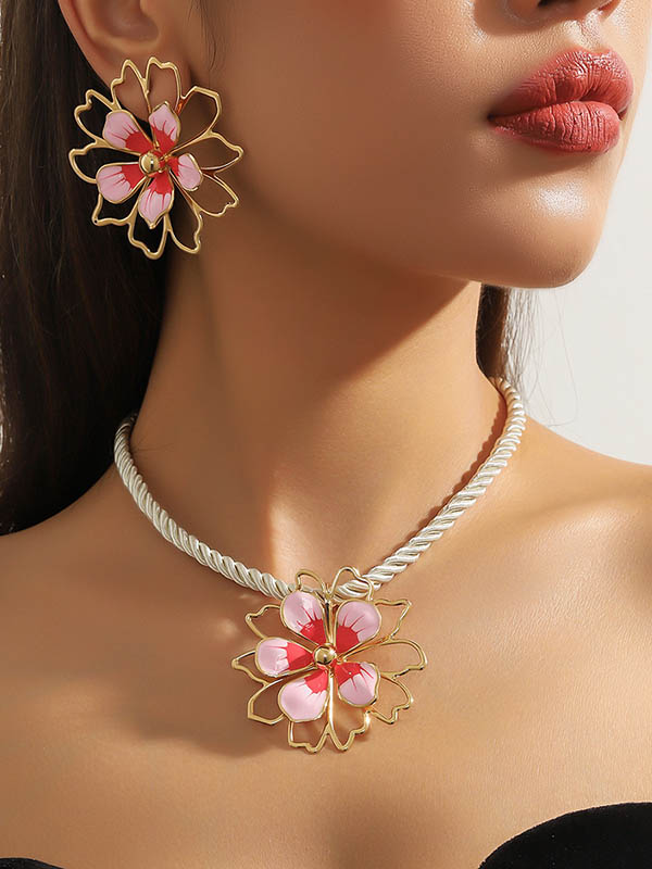 Flower Shape Hollow Leopard Earrings Accessories + Necklaces Accessories Three Pieces - Image 2