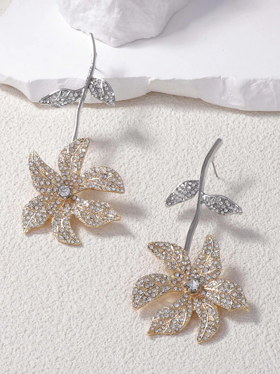 Flower Shape Rhine Stones Shiny Earrings Accessories - Image 2