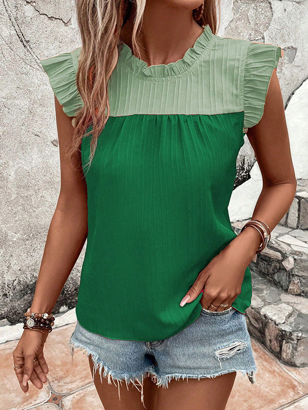 Flying Sleeves Loose Contrast Color Pleated Ruffled Split-Joint Round-neck Vest Top - Image 11