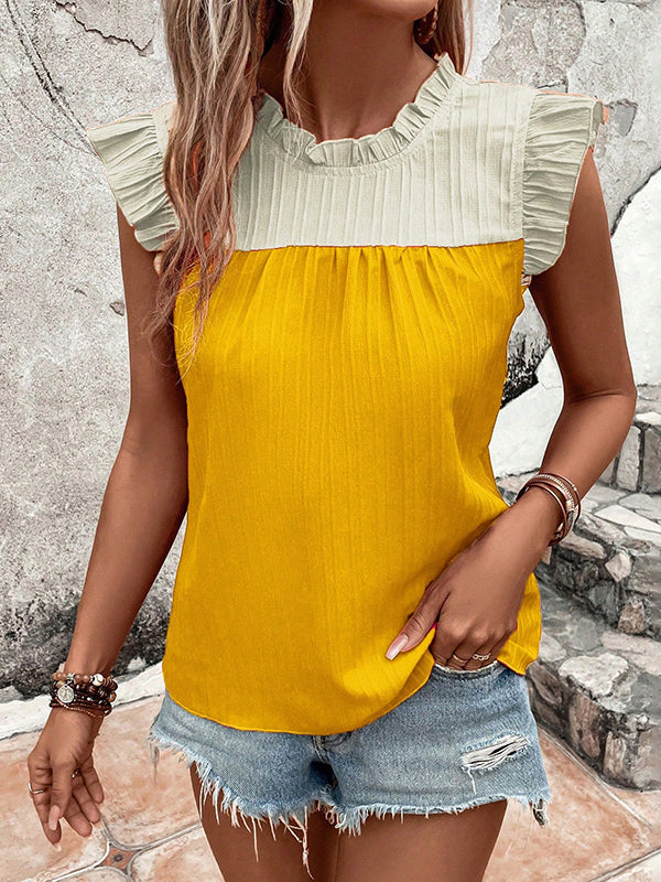 Flying Sleeves Loose Contrast Color Pleated Ruffled Split-Joint Round-neck Vest Top - Image 15