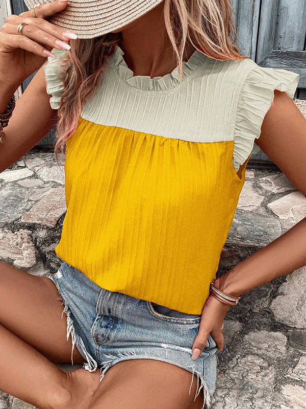 Flying Sleeves Loose Contrast Color Pleated Ruffled Split-Joint Round-neck Vest Top - Image 16