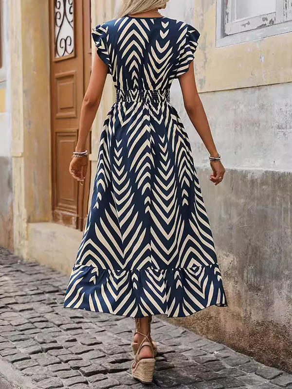 Flying Sleeves Loose Elasticity Printed Split-Joint V-Neck Maxi Dresses - Image 4