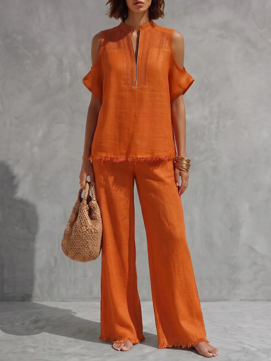 Fringed Cold Shoulder Half-Zip Solid Color Short Sleeve Blouses&Shirts Tops +  Pants Bottoms Trousers Two Pieces Set - Image 2
