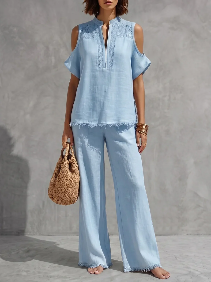Fringed Cold Shoulder Half-Zip Solid Color Short Sleeve Blouses&Shirts Tops +  Pants Bottoms Trousers Two Pieces Set - Image 3