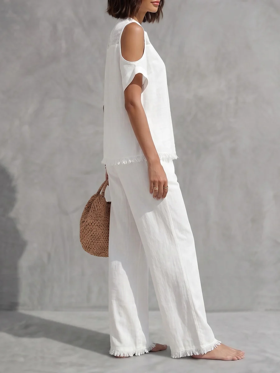 Fringed Cold Shoulder Half-Zip Solid Color Short Sleeve Blouses&Shirts Tops +  Pants Bottoms Trousers Two Pieces Set - Image 4