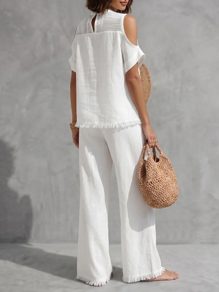 Fringed Cold Shoulder Half-Zip Solid Color Short Sleeve Blouses&Shirts Tops +  Pants Bottoms Trousers Two Pieces Set - Image 5